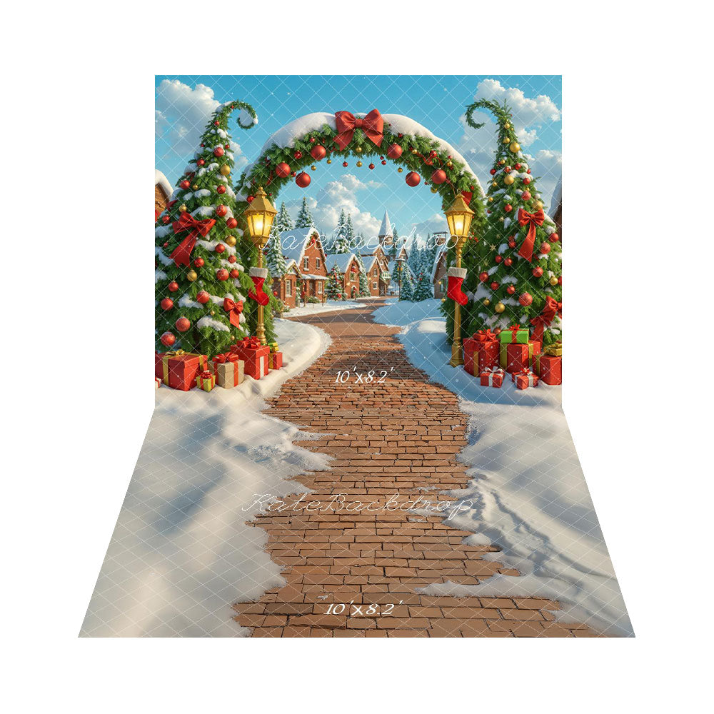 Kate Christmas Trees Gifts Arch Blue Sky+Snow Brick Floor Backdrop