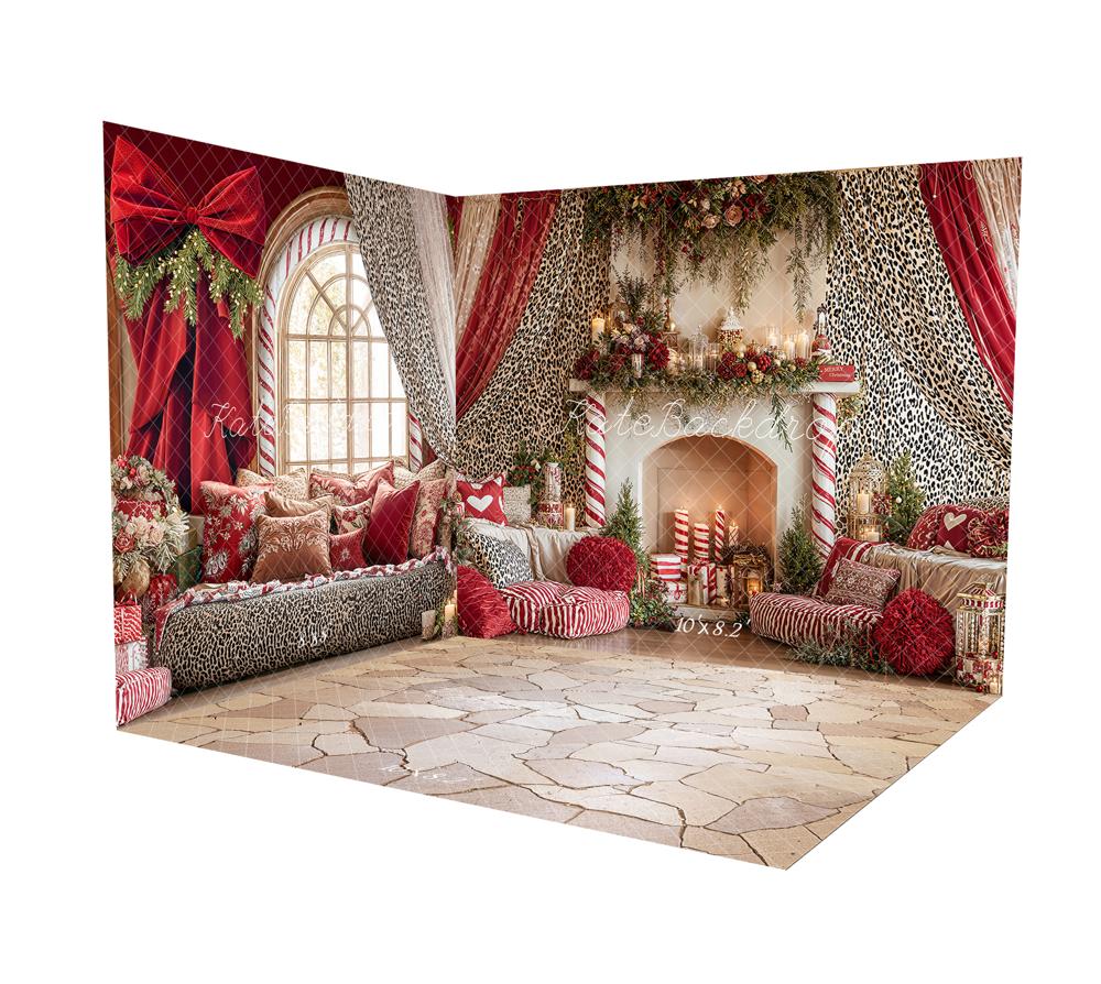 Kate Red Bow Leopard Print Curtain Fireplace Room Set