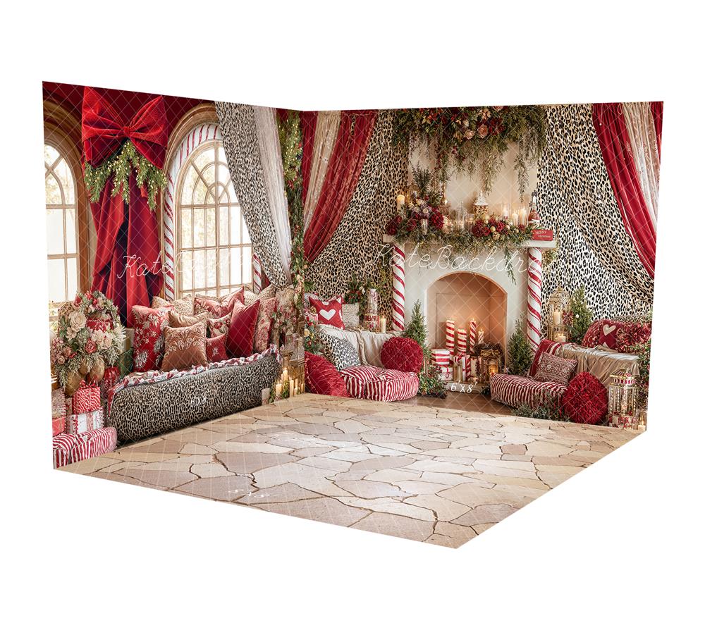 Kate Red Bow Leopard Print Curtain Fireplace Room Set
