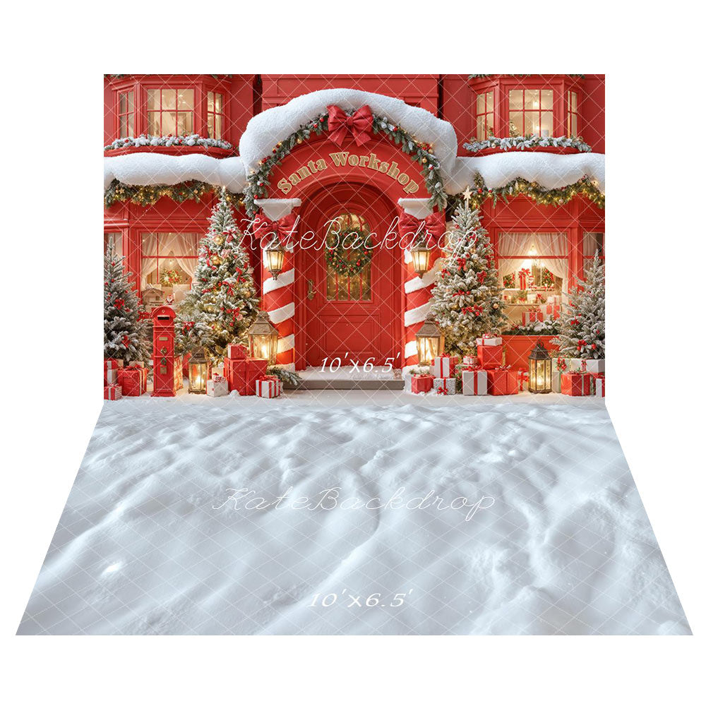 Kate Red Santa Claus Workshop Backdrop+Snow Floor Backdrop