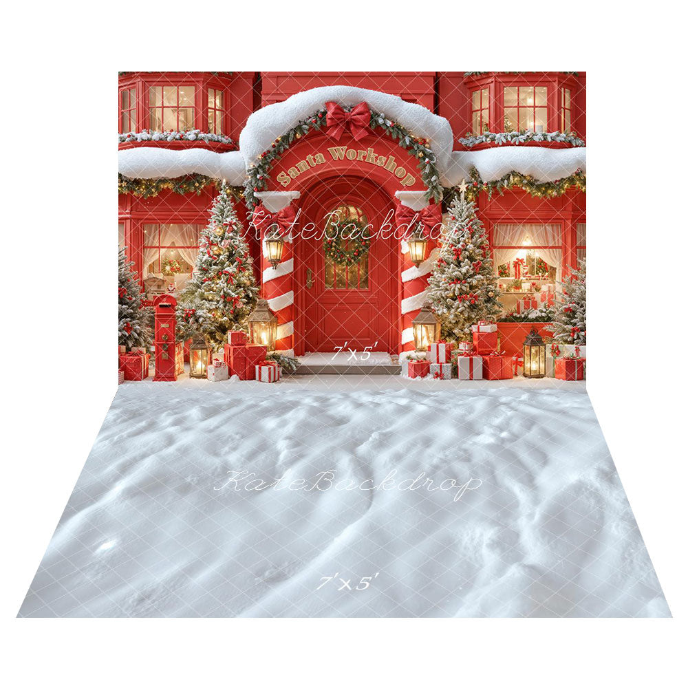 Kate Red Santa Claus Workshop Backdrop+Snow Floor Backdrop