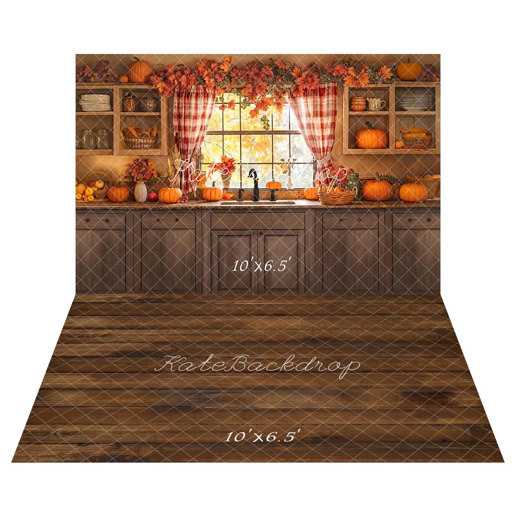 Kate Autumn Pumpkin Kitchen Backdrop+Wood Floor Backdrop