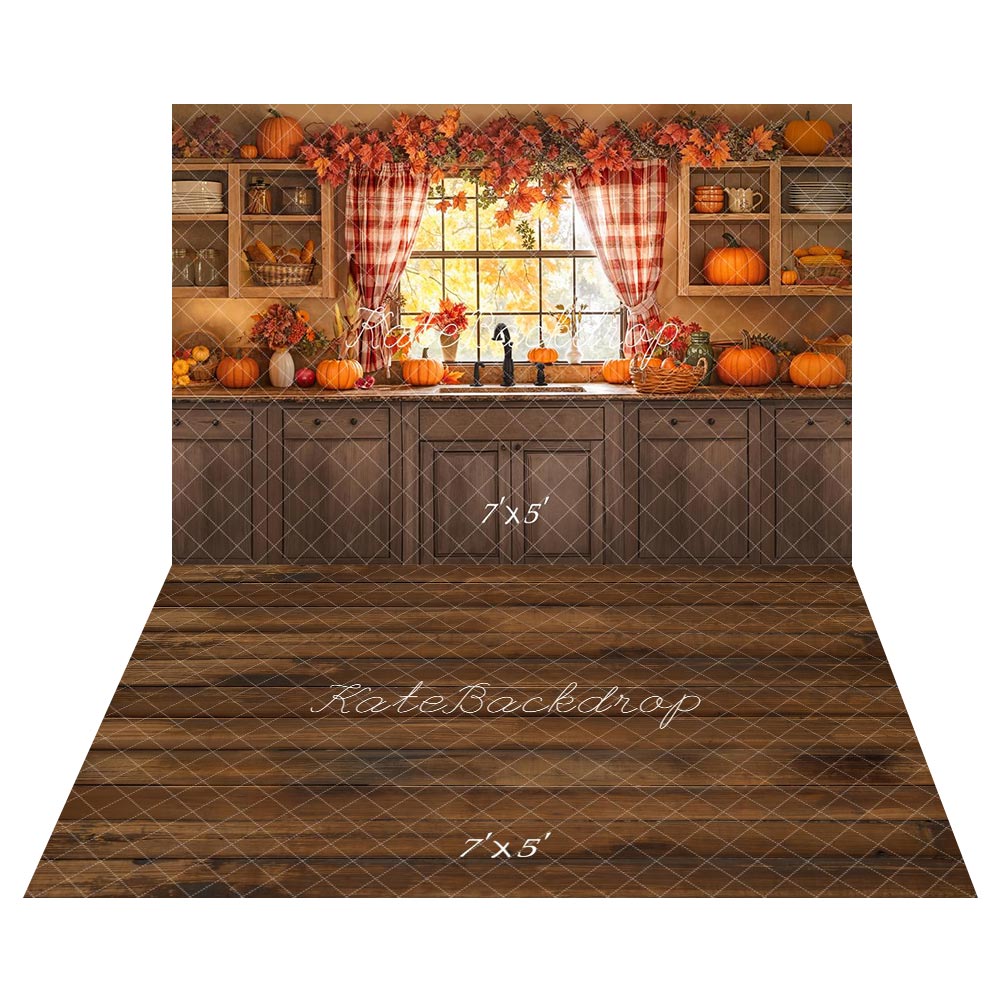 Kate Autumn Pumpkin Kitchen Backdrop+Wood Floor Backdrop