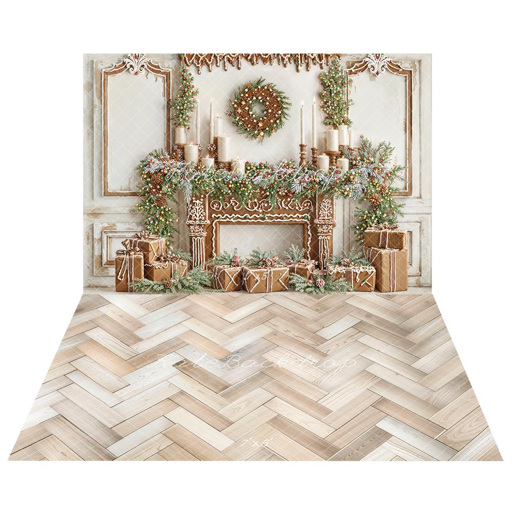 Kate Gingerbread Christmas Backdrop+Twill Wood Floor Backdrop