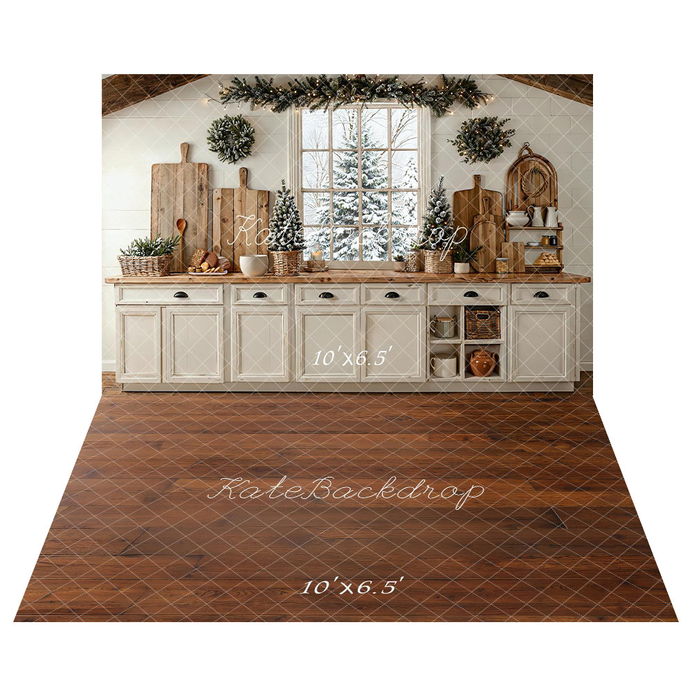 Kate Winter Christmas Kitchen+Wood Floor Backdrop