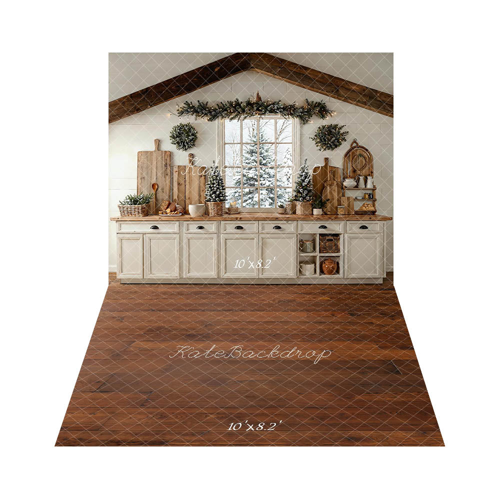 Kate Winter Christmas Kitchen+Wood Floor Backdrop