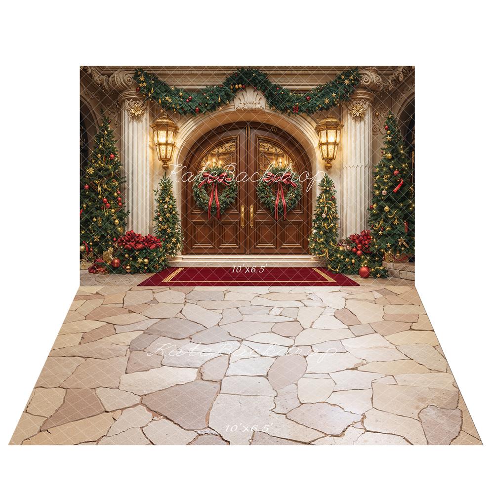 Kate Christmas Decorated Gate Backdrop+Stone Floor Backdrop