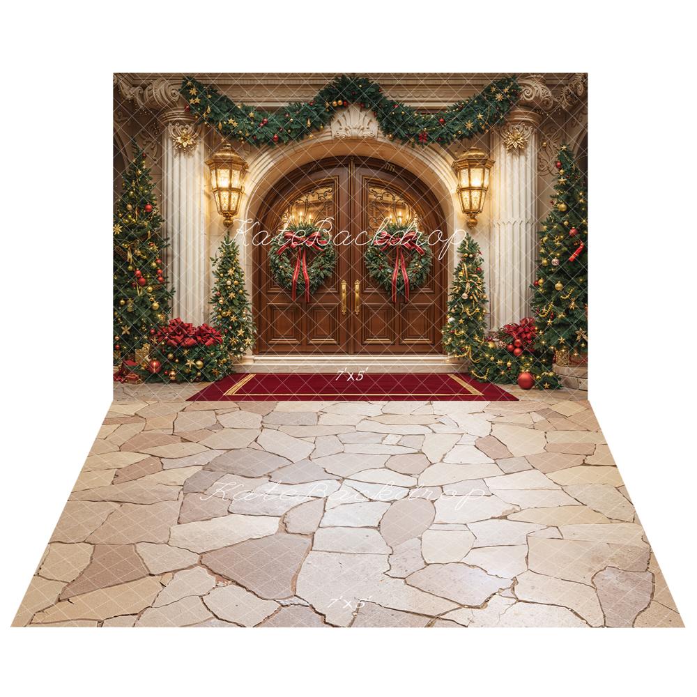 Kate Christmas Decorated Gate Backdrop+Stone Floor Backdrop