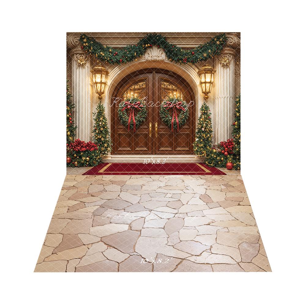 Kate Christmas Decorated Gate Backdrop+Stone Floor Backdrop