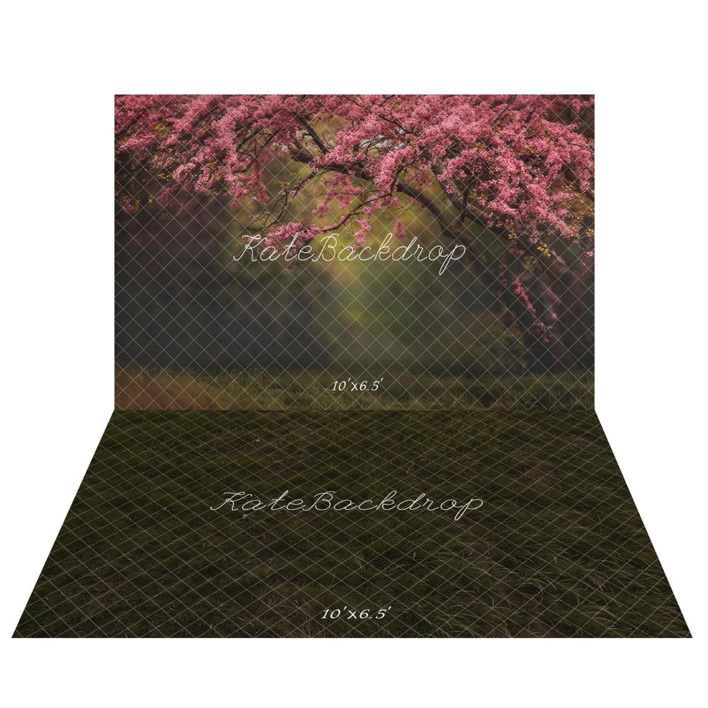 Kate Spring Pink Blooming Flower Tree Backdrop+Grass Floor Backdrop