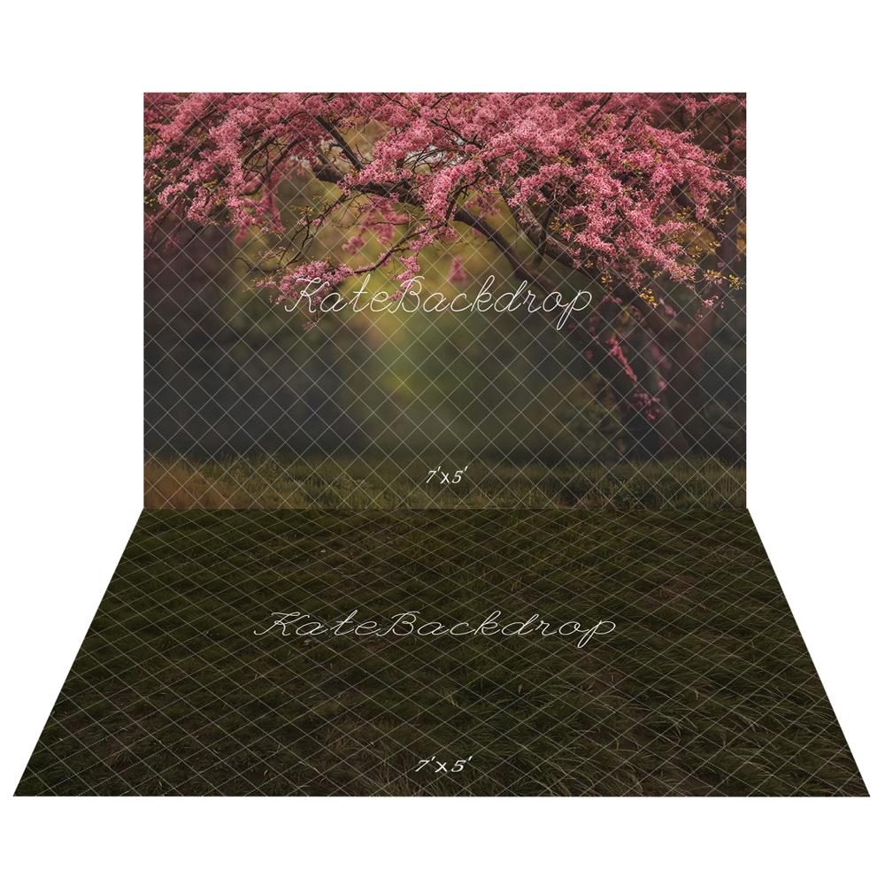 Kate Spring Pink Blooming Flower Tree Backdrop+Grass Floor Backdrop