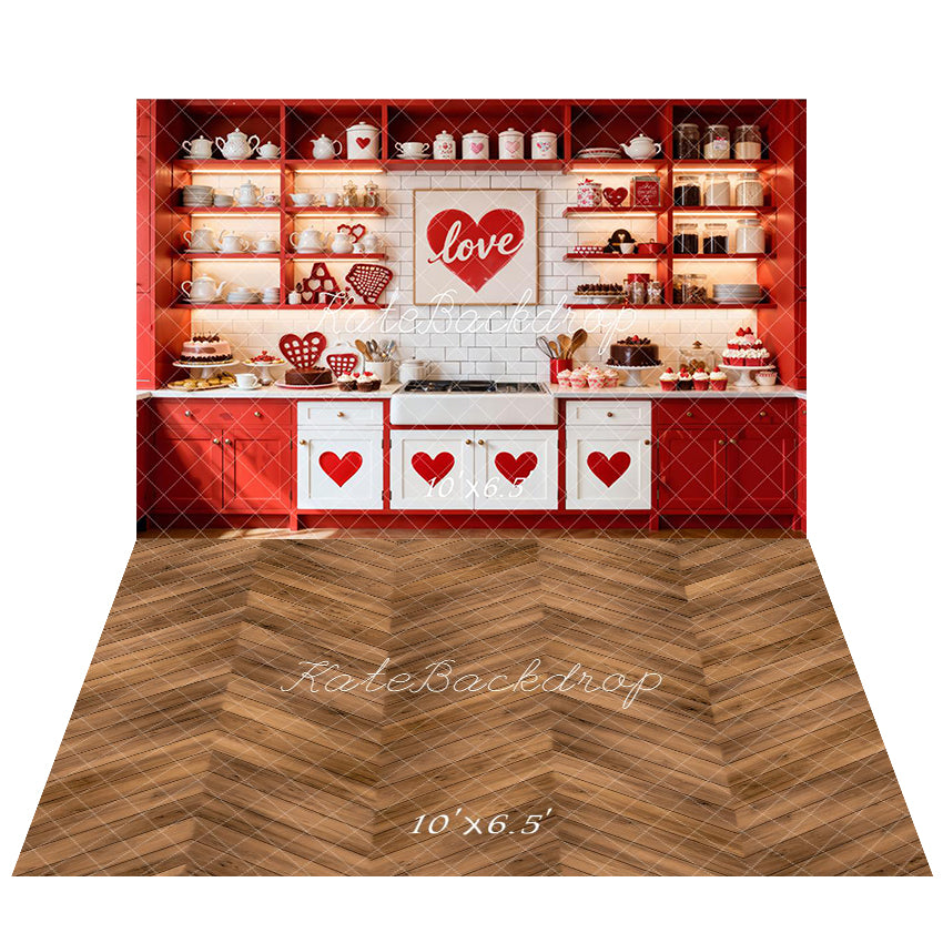 Kate Valentine's Day Cake Kitchen Backdrop+Wood Floor Backdrop