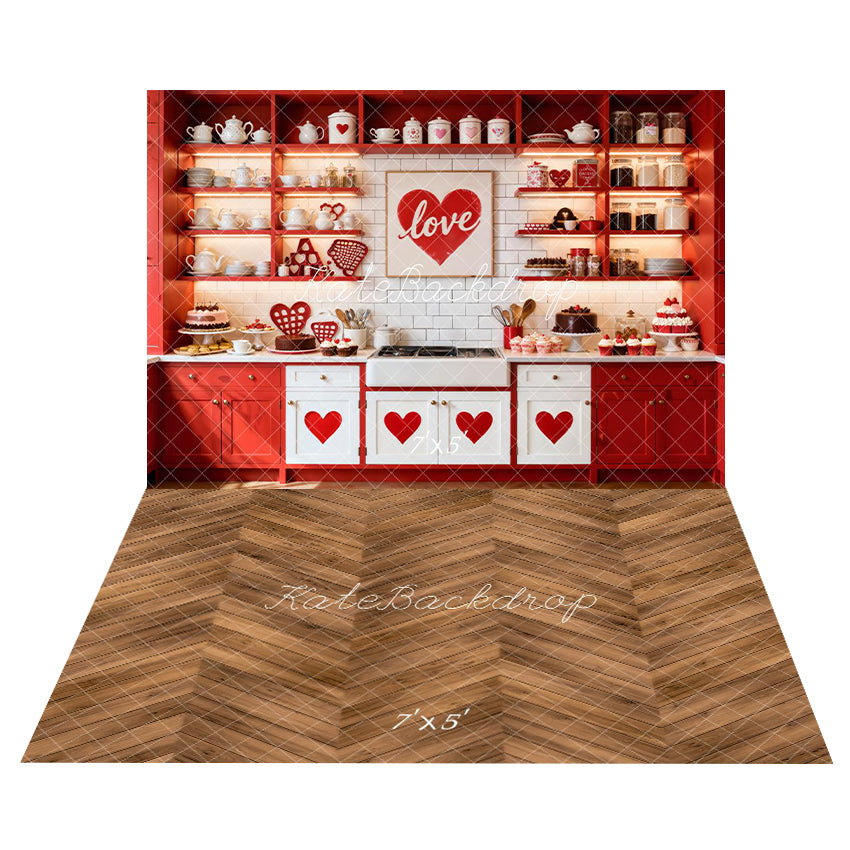Kate Valentine's Day Cake Kitchen Backdrop+Wood Floor Backdrop