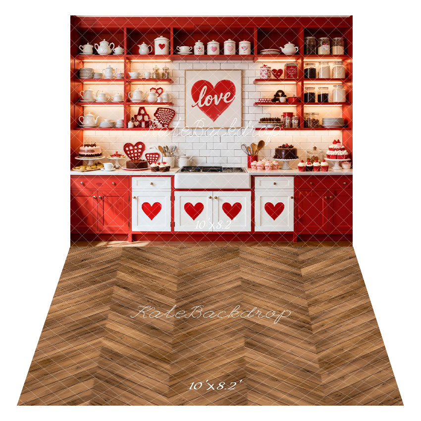 Kate Valentine's Day Cake Kitchen Backdrop+Wood Floor Backdrop