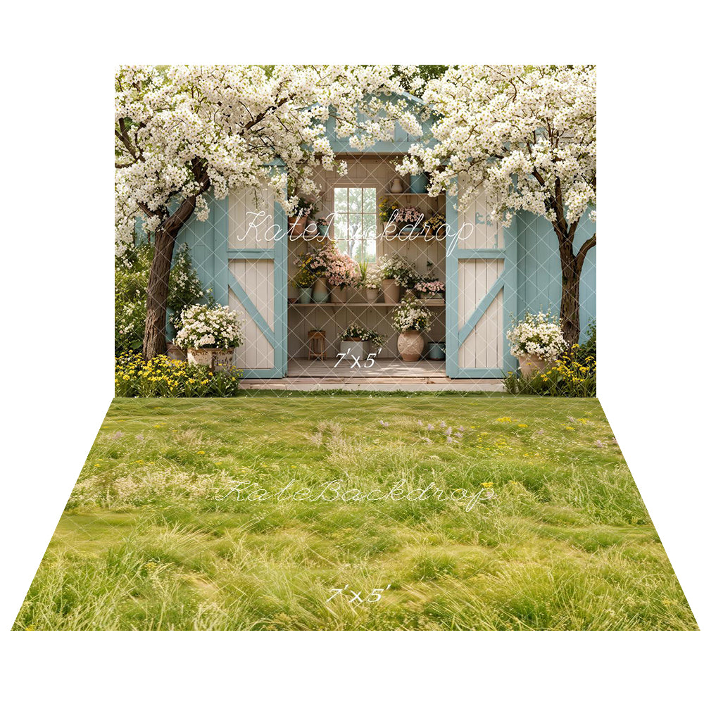 Kate Spring Blooming Flower Tree Backdrop+Green Grass Floor Backdrop