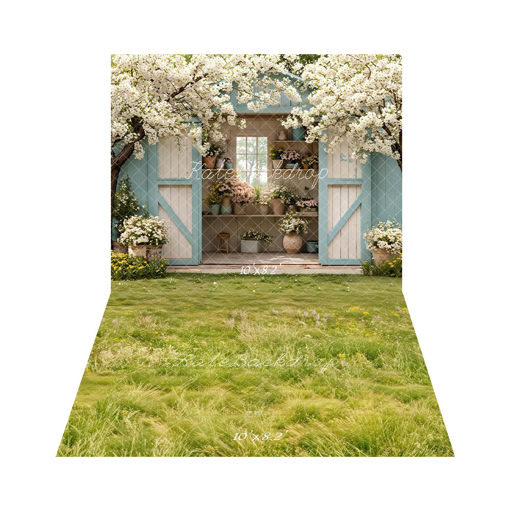 Kate Spring Blooming Flower Tree Backdrop+Green Grass Floor Backdrop