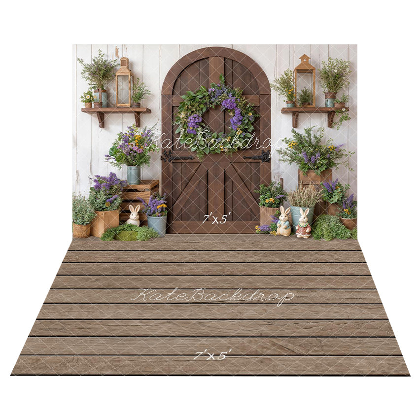 Kate Easter Bunny Flower Door Backdrop+Wood Floor Backdrop