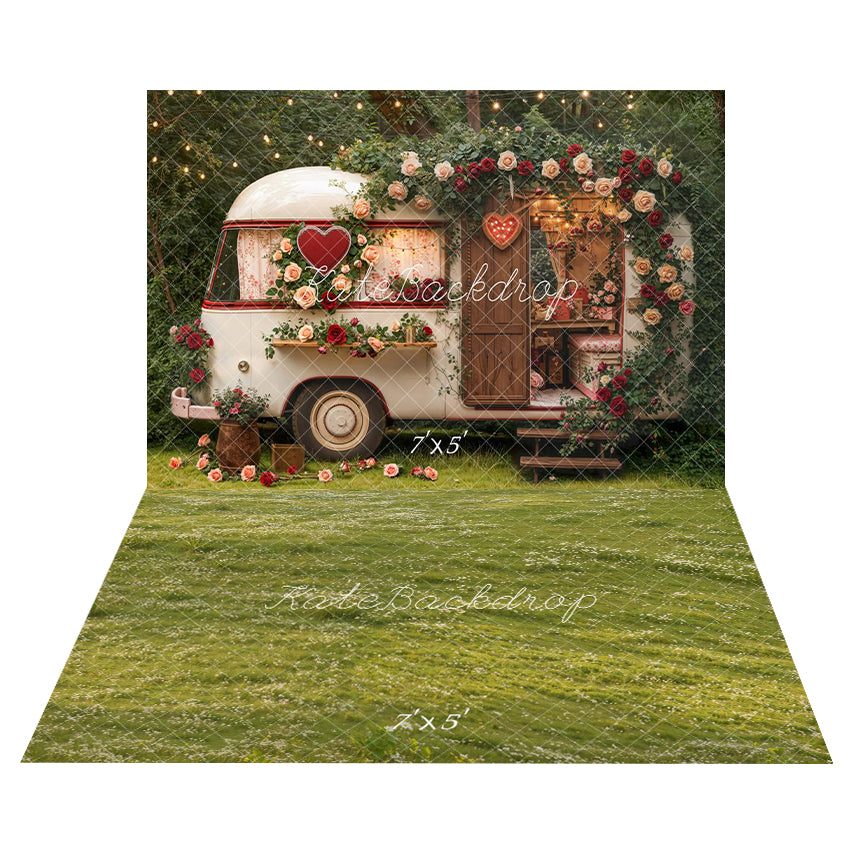 Kate Valentine's Day RV Backdrop+Green Grass Floor Backdrop