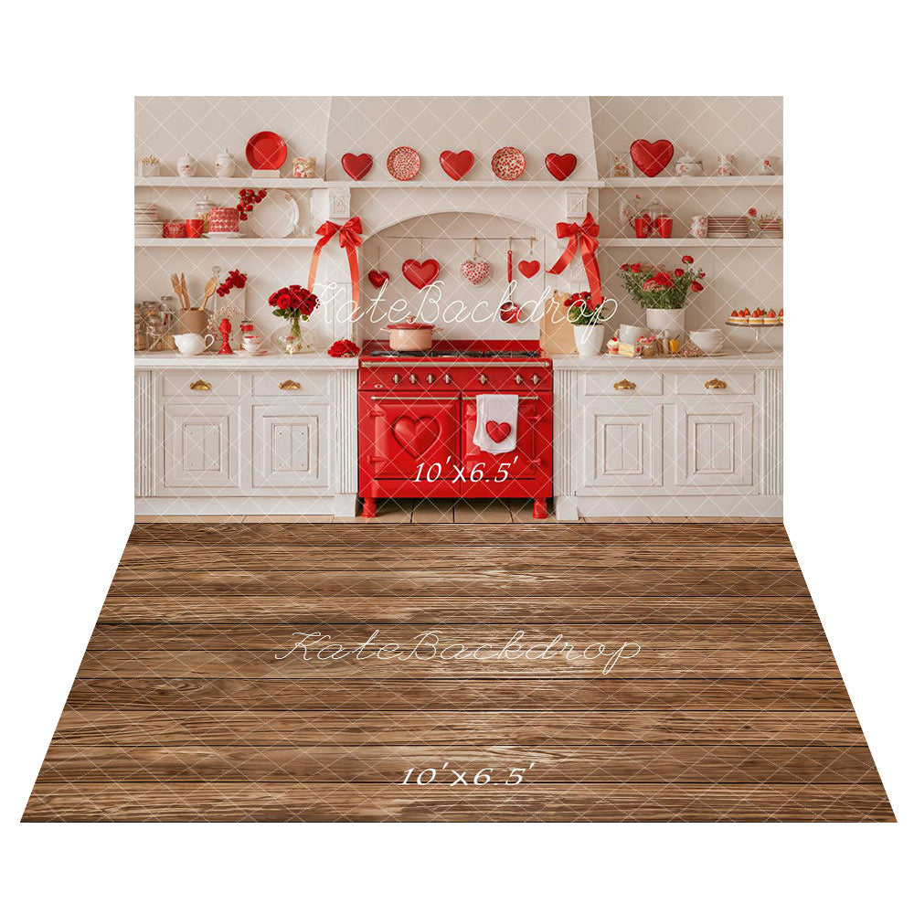 Kate Valentine's Day Kitchen Backdrop+Wood Floor Backdrop