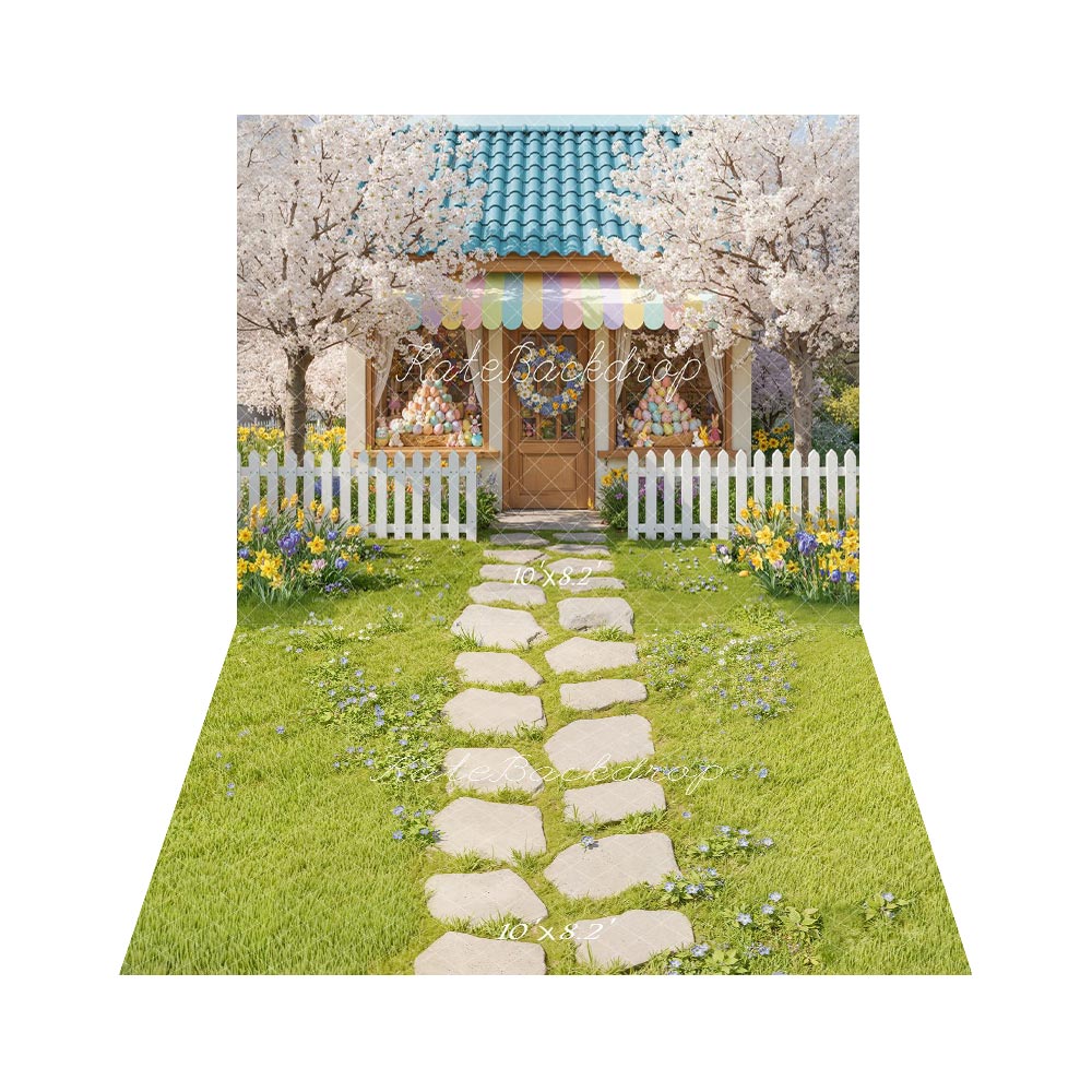 Kate Easter Egg Flower Tree  Backdrop+Green Grass Stone Floor Backdrop