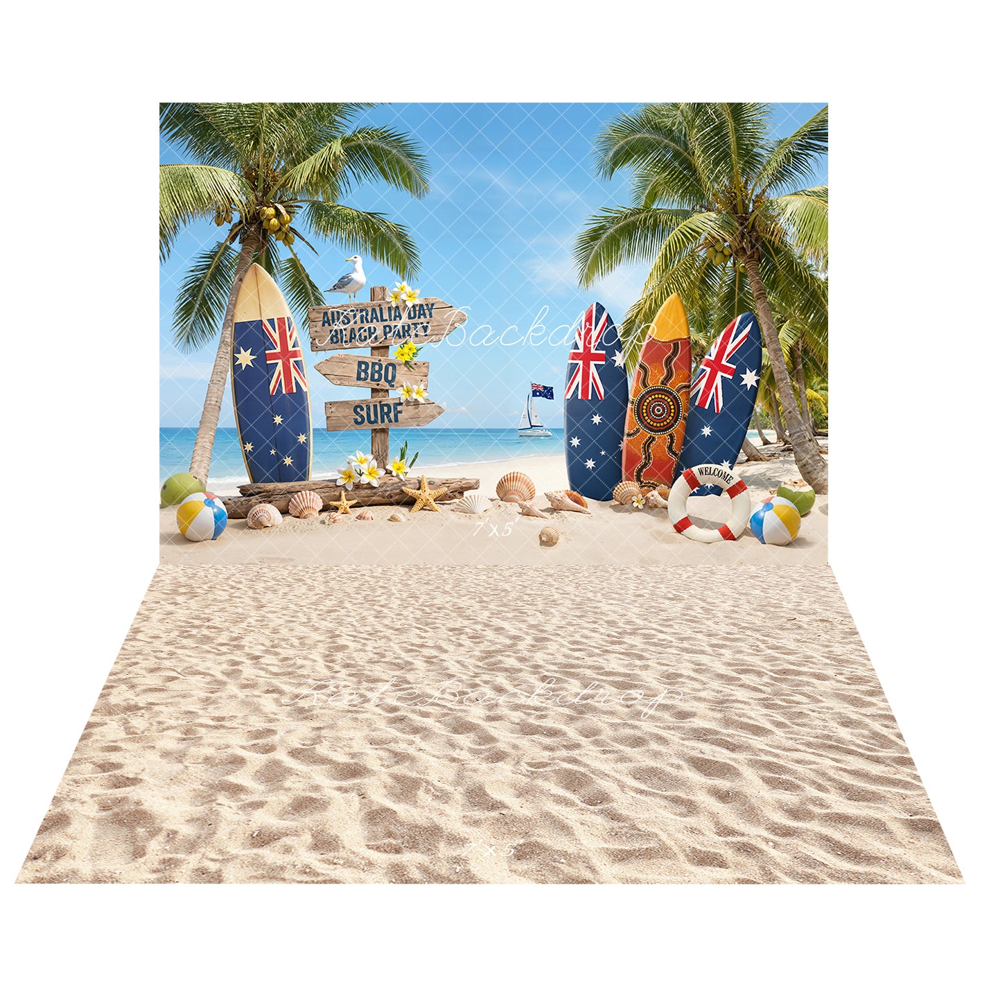 Kate Surfboard Australian Day Backdrop+Sand Floor Backdrop