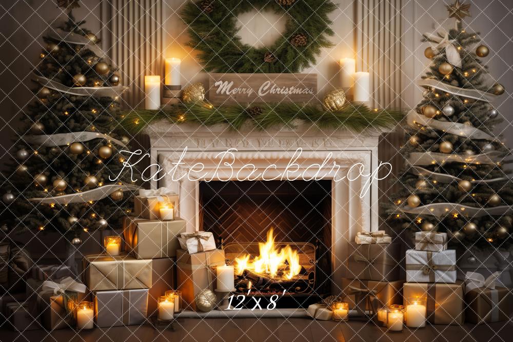 Kate Christmas Fireplace Gift Tree Painted Fleece Backdrop Designed by Emetselch