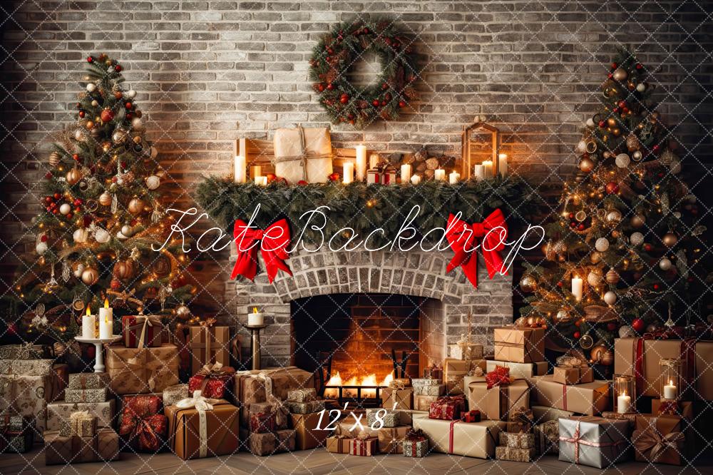Kate Christmas Rustic Brick Fireplace and Trees Winter Fleece Backdrop Designed by Mini MakeBelieve - Kate Backdrop AU