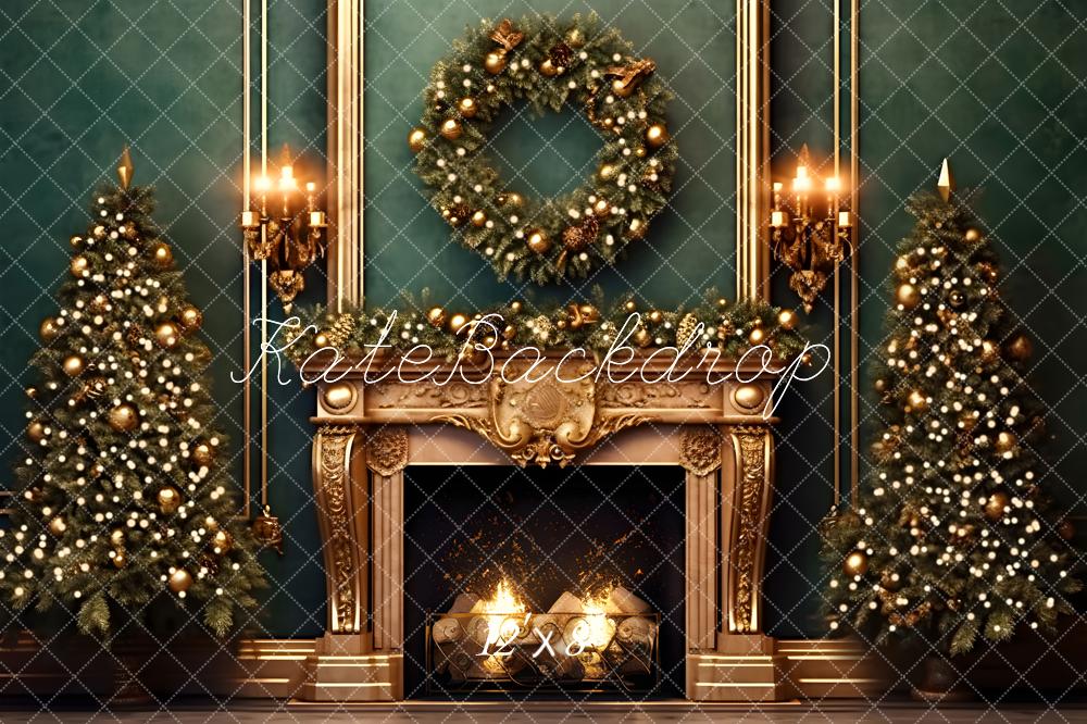 Kate Christmas Green Wall Golden Fireplace Fleece Backdrop for Photography