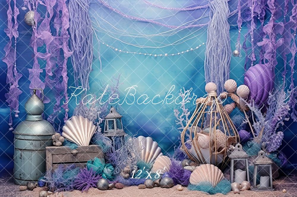 Kate Purple Deep Sea Shell Mermaid Fleece Backdrop for Photography - Kate Backdrop AU