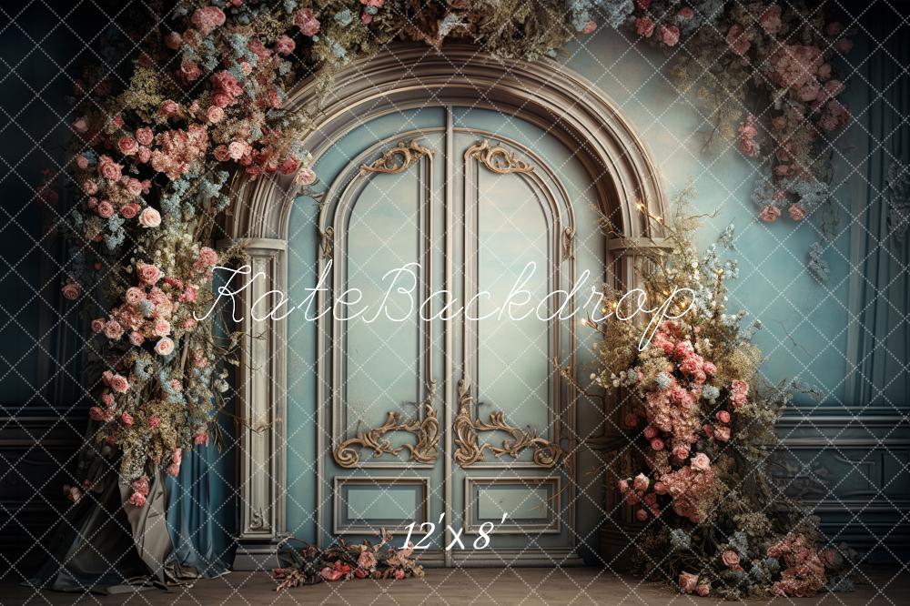 Kate Blue Door Pink Floral Arch Fleece Backdrop Designed by Emetselch