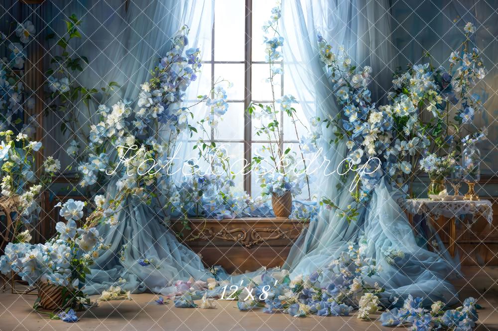 Kate Blue Flower Window Spring Fleece Backdrop Designed by Emetselch