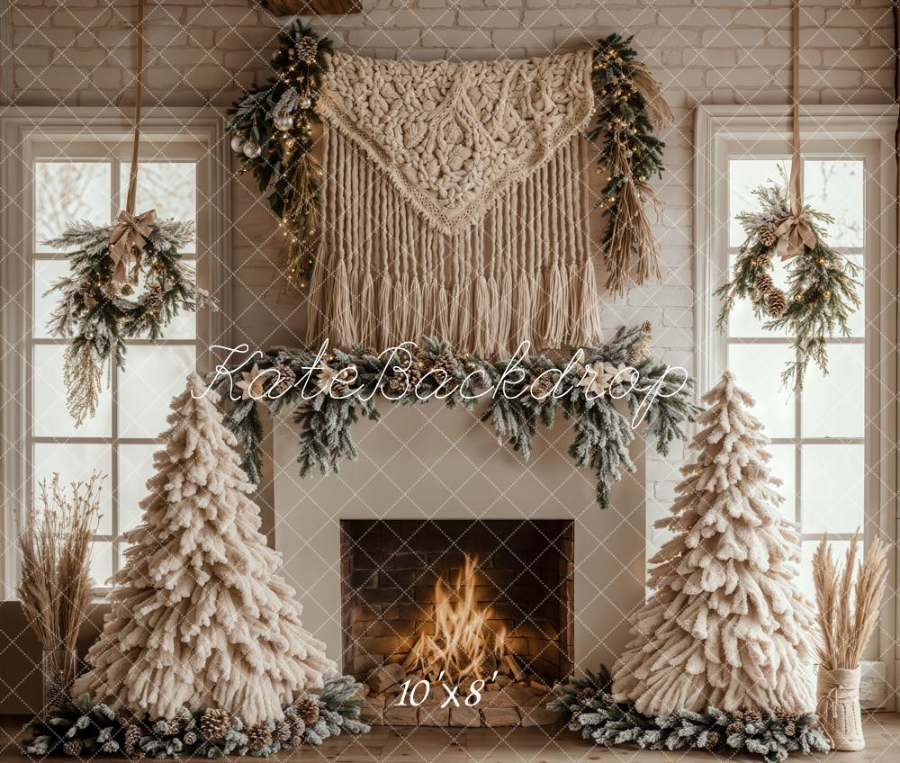 Kate Fleece White Christmas Backdrop Boho Fireplace Designed by Emetselch - Kate Backdrop AU