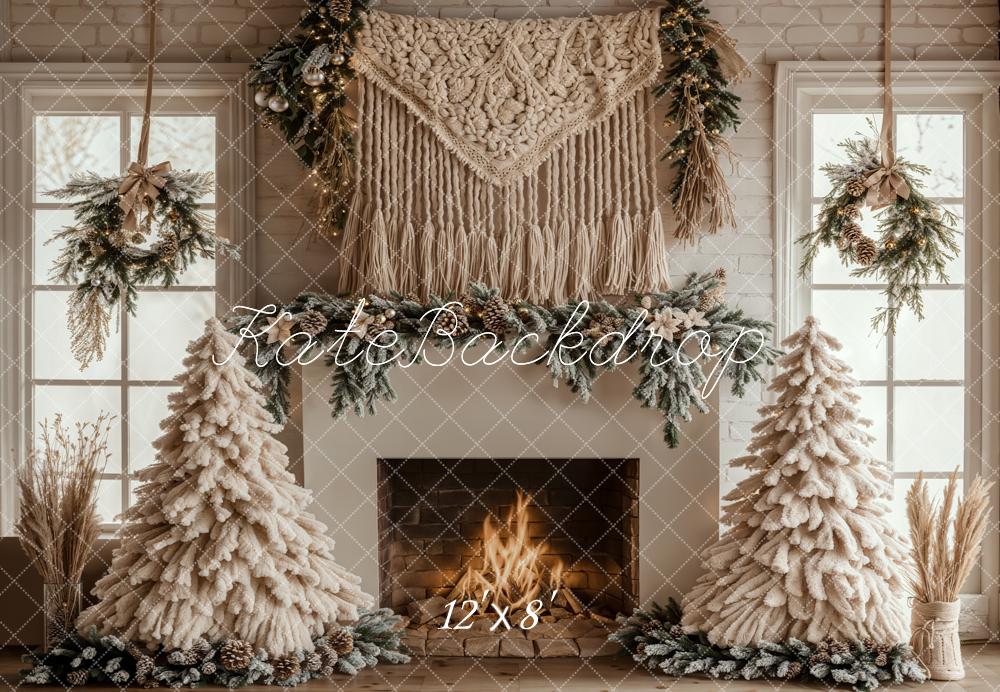 Kate Fleece White Christmas Backdrop Boho Fireplace Designed by Emetselch - Kate Backdrop AU