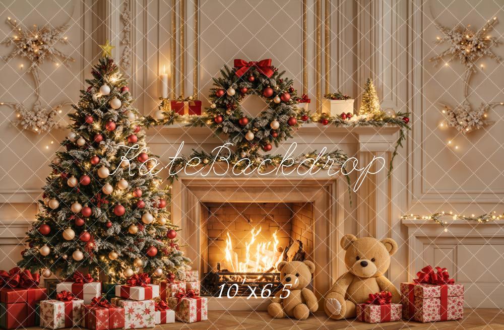 Kate Fleece Christmas Tree Fireplace Backdrop Teddy Bear Designed by Emetselch - Kate Backdrop AU