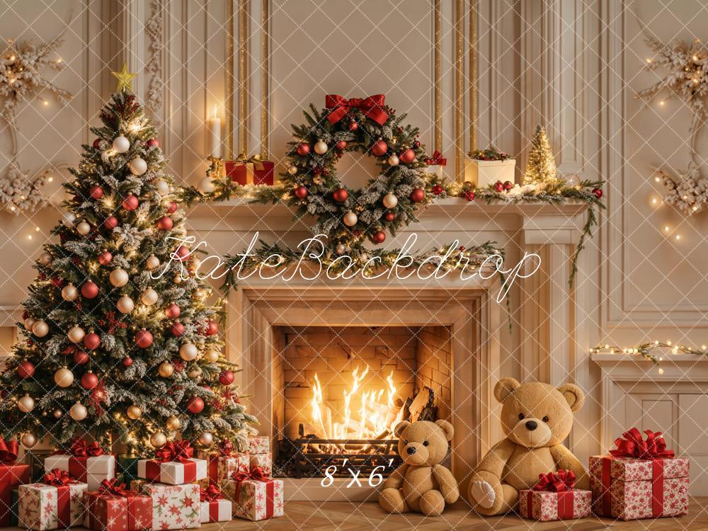 Kate Fleece Christmas Tree Fireplace Backdrop Teddy Bear Designed by Emetselch - Kate Backdrop AU