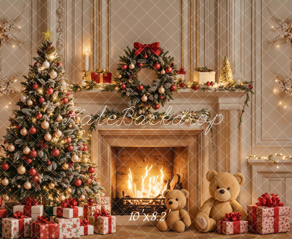 Kate Fleece Christmas Tree Fireplace Backdrop Teddy Bear Designed by Emetselch - Kate Backdrop AU