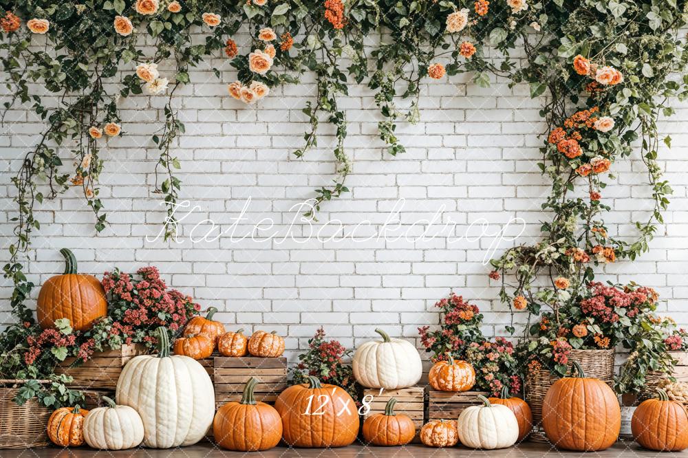 Kate Fleece Fall Pumpkins Backdrop Floral Brick Wall Designed by Emetselch - Kate Backdrop AU
