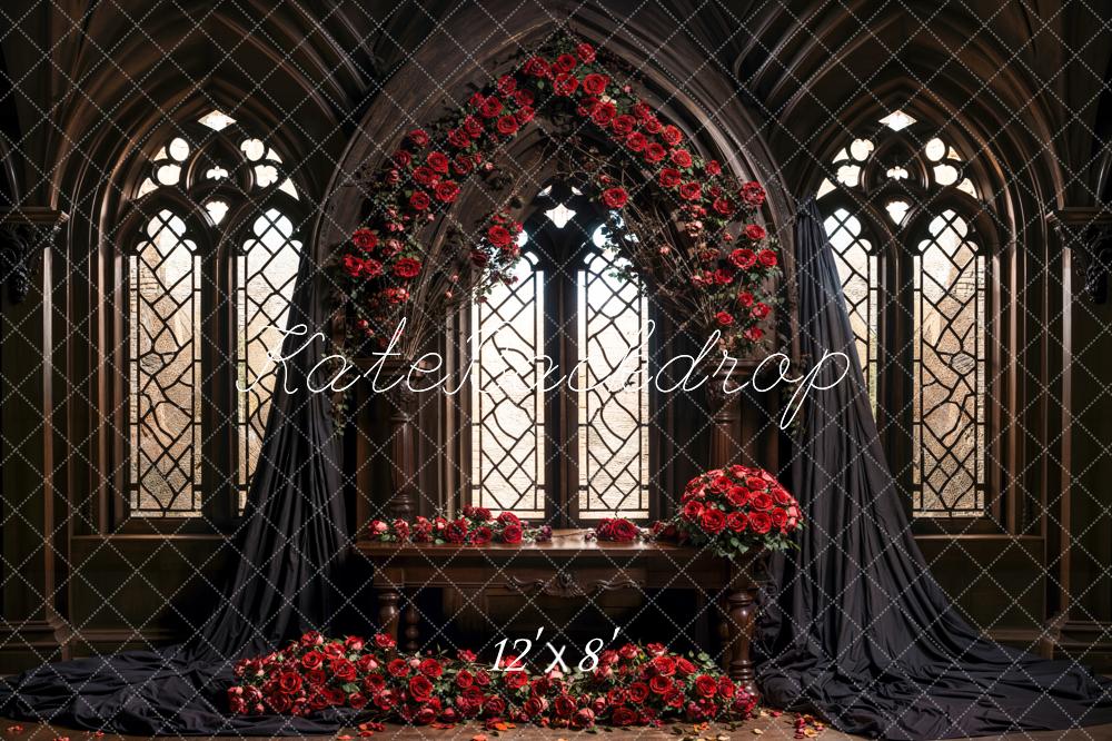 Kate Fleece Spring Gothic Red Roses Flower Arch Backdrop Designed by Emetselch - Kate Backdrop AU