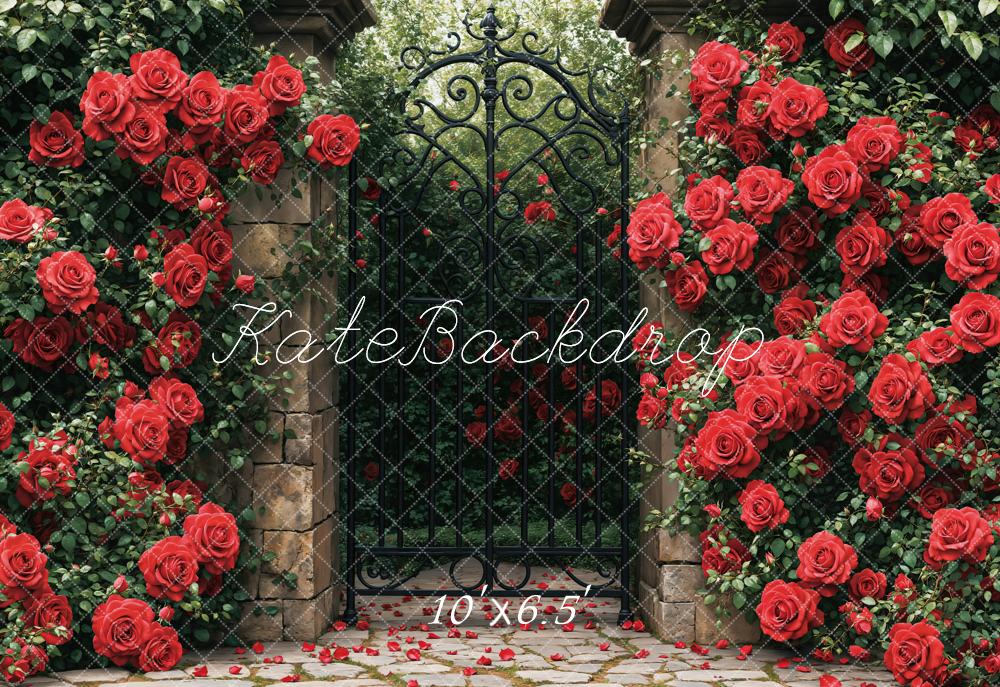 Kate Fleece Spring Red Roses Garden Gate Backdrop Designed by Emetselch - Kate Backdrop AU