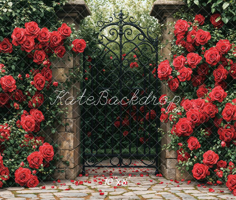 Kate Fleece Spring Red Roses Garden Gate Backdrop Designed by Emetselch - Kate Backdrop AU