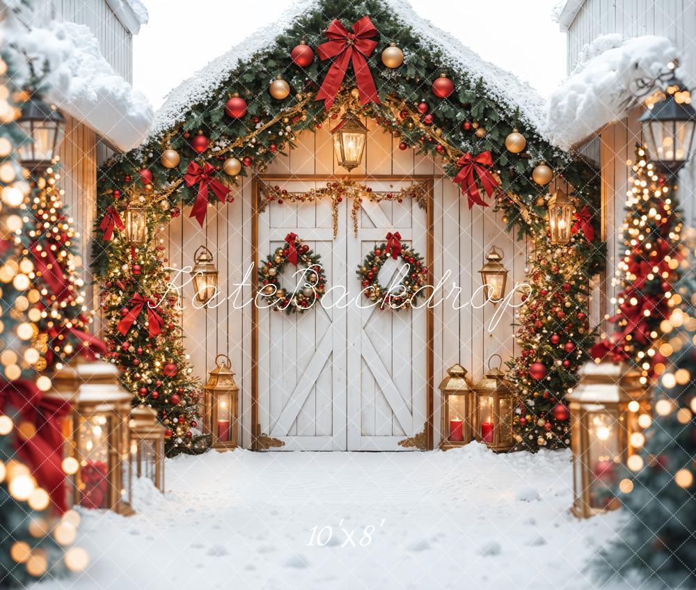 Kate Fleece Snow Christmas Tree Backdrop Barn Door Bokeh Designed by Emetselch