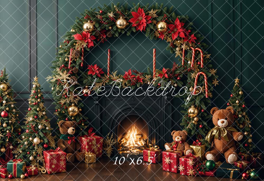 Kate Fleece Green Christmas Tree Fireplace Teddy Bear Backdrop Designed by Emetselch - Kate Backdrop AU