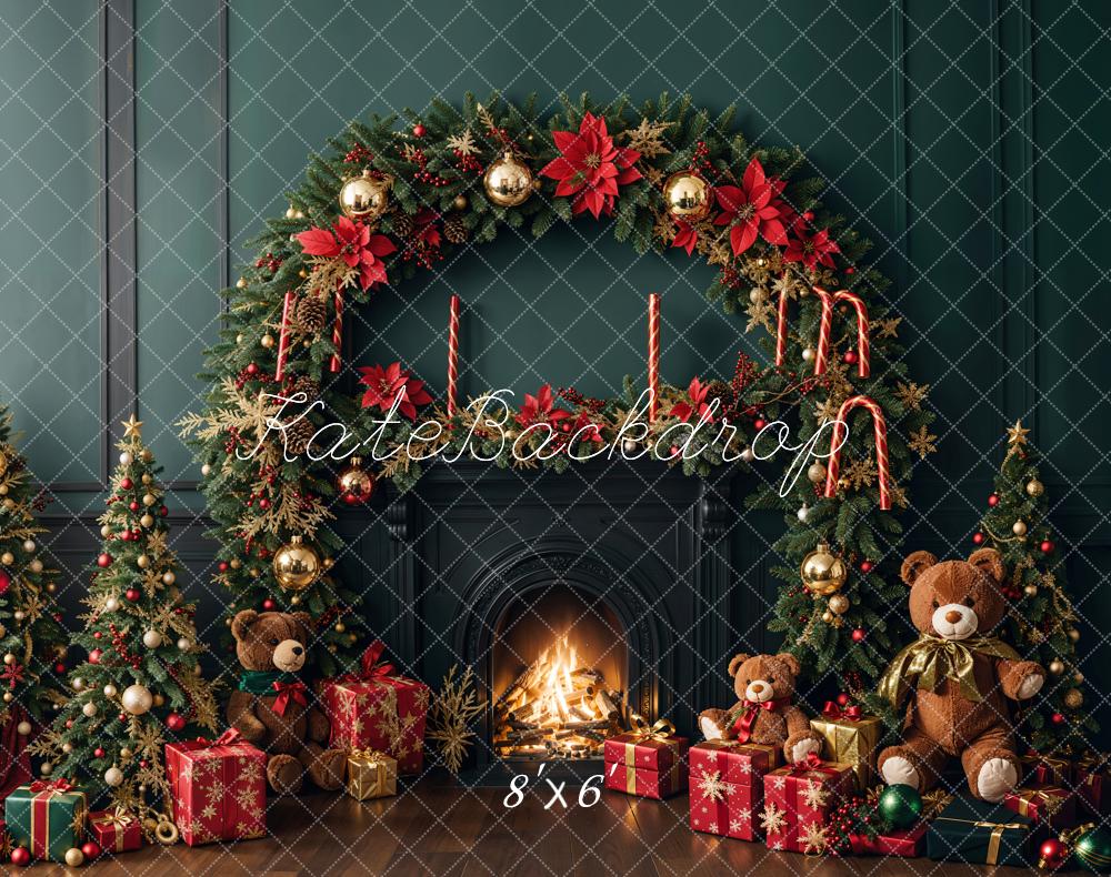 Kate Fleece Green Christmas Tree Fireplace Teddy Bear Backdrop Designed by Emetselch - Kate Backdrop AU