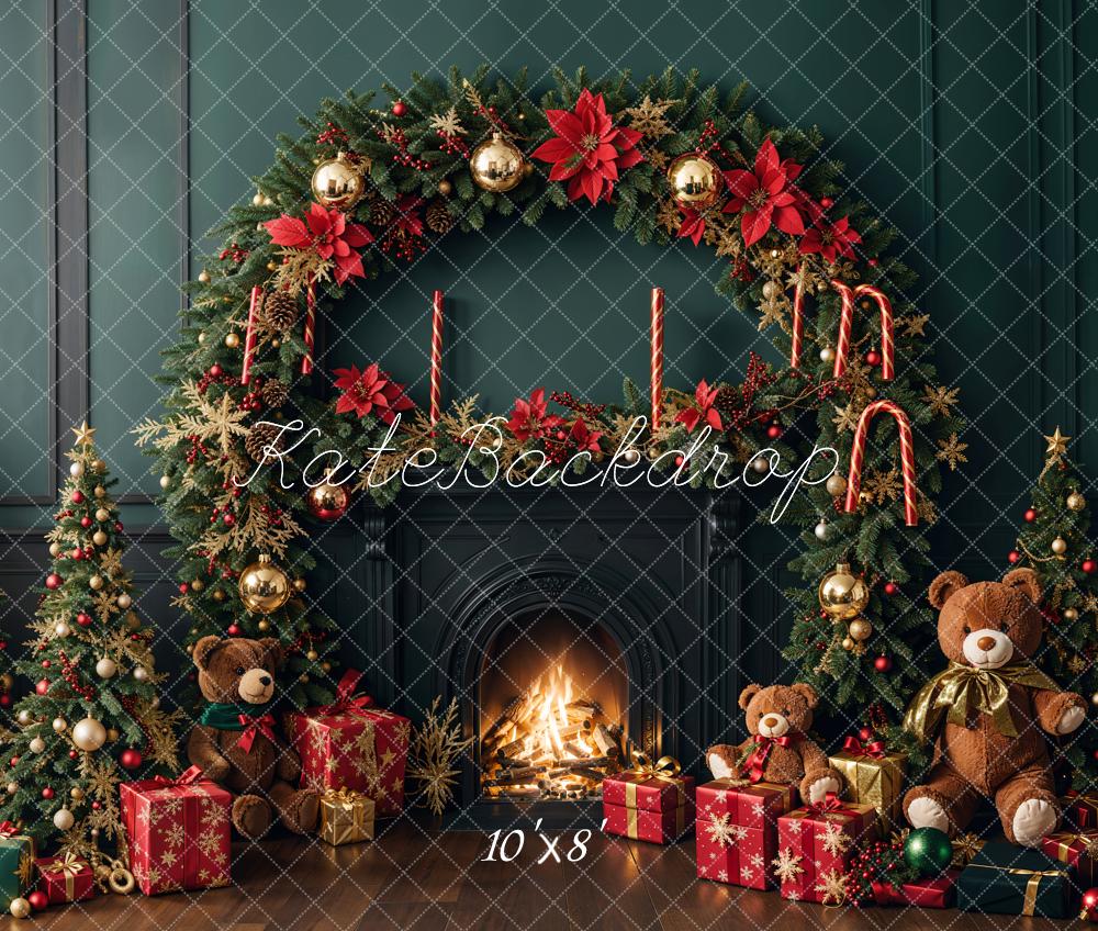 Kate Fleece Green Christmas Tree Fireplace Teddy Bear Backdrop Designed by Emetselch - Kate Backdrop AU
