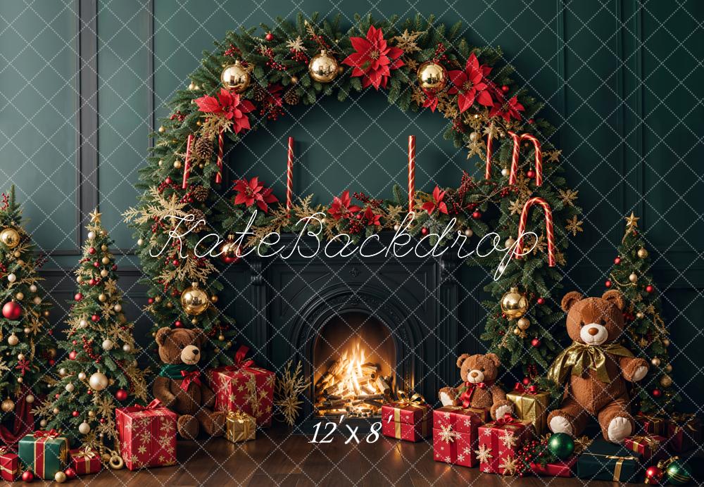 Kate Fleece Green Christmas Tree Fireplace Teddy Bear Backdrop Designed by Emetselch - Kate Backdrop AU