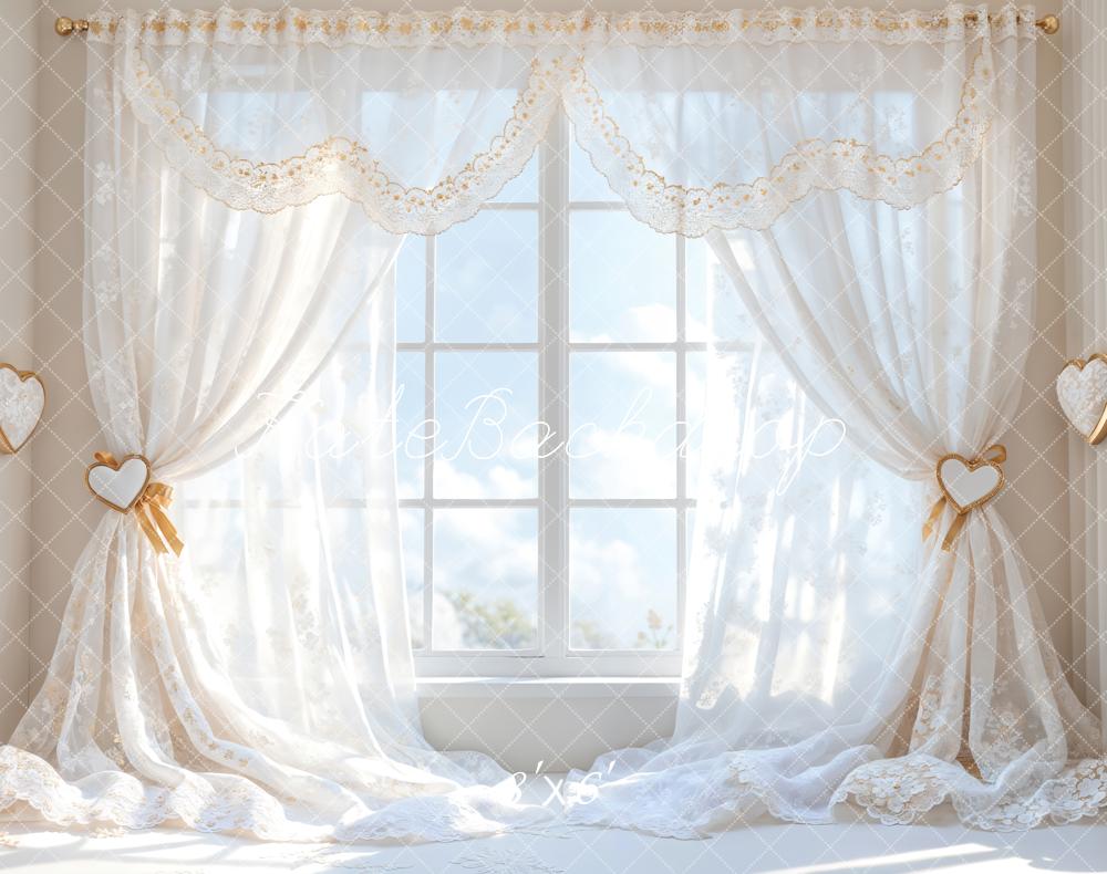 Kate Romantic White Curtain Window Fleece Backdrop Designed by Emetselch