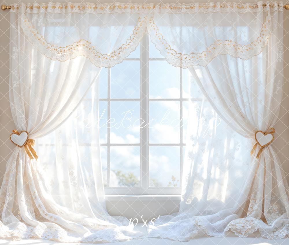 Kate Romantic White Curtain Window Fleece Backdrop Designed by Emetselch