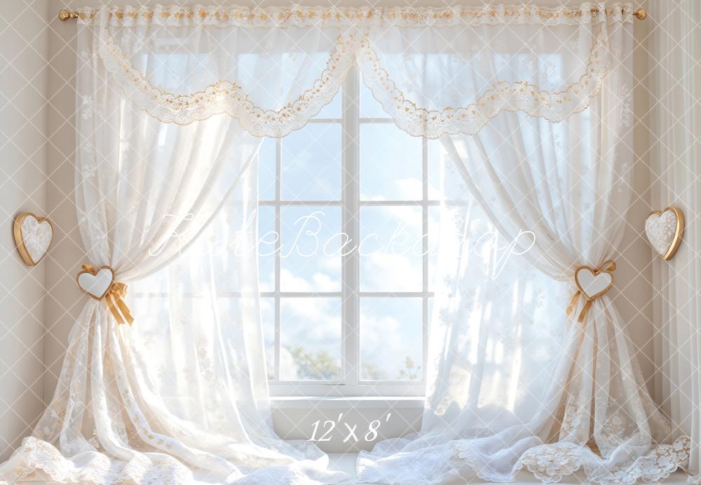 Kate Romantic White Curtain Window Fleece Backdrop Designed by Emetselch