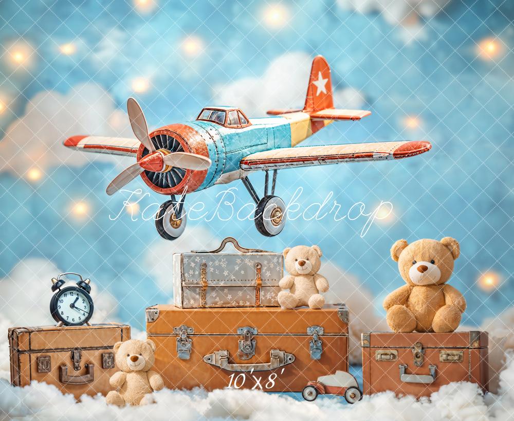 Kate Fleece Blue Teddy Bear Airplane Suitcase Backdrop Designed by Emetselch - Kate Backdrop AU