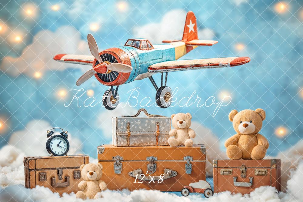 Kate Fleece Blue Teddy Bear Airplane Suitcase Backdrop Designed by Emetselch - Kate Backdrop AU